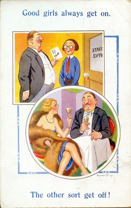 Framed Print : Comic postcard, Good girls and the other sort Date: 20th century Framed Print : Comic postcard, Good girls and the other sort Date: 20th century