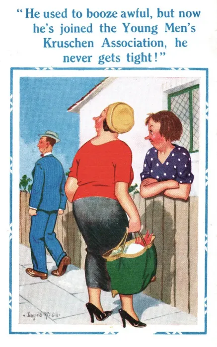 Framed Print : Comic postcard, gossiping neighbours Date: 20th century Framed Print : Comic postcard, gossiping neighbours Date: 20th century