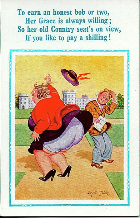: Comic postcard, Her Grace's country seat - windy day Date: 20th century : Comic postcard, Her Grace's country seat - windy day Date: 20th century