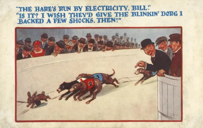 Framed Print : Comic Postcard - Greyhound Racing - The hares run by electricity, Bill Is it