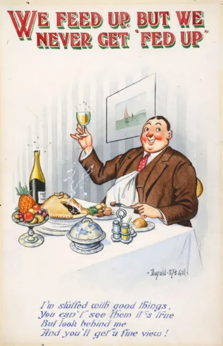 Framed Print : Comic postcard, Happy diner in restaurant Date: 20th century Framed Print : Comic postcard, Happy diner in restaurant Date: 20th century