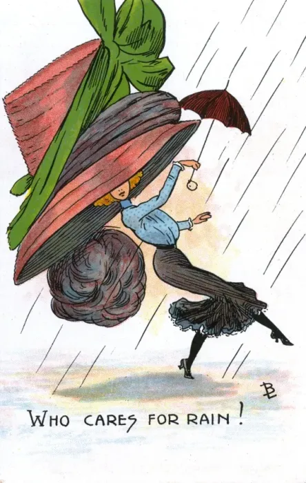 Framed Print : Comic Postcard - Hat theme - Who Cares for Rain Framed Print : Comic Postcard - Hat theme - Who Cares for Rain