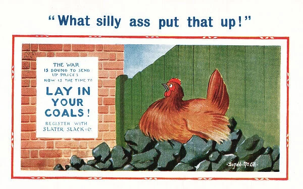 Comic postcard, hen laying in coals, WW2 Date: 1940s