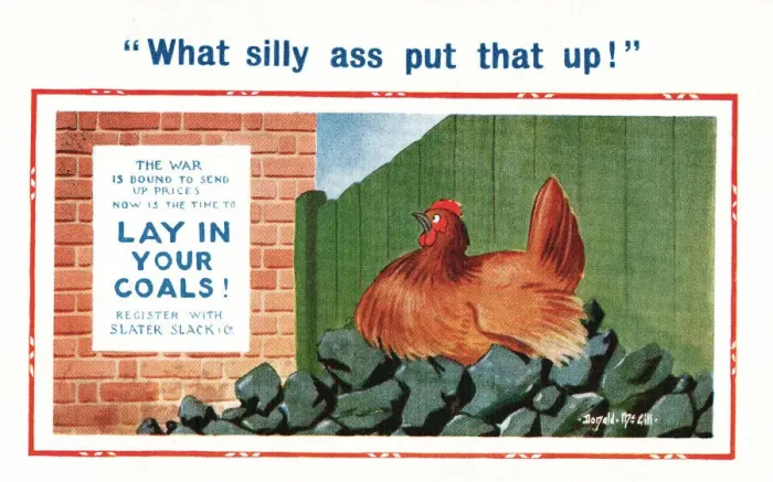 Framed Print : Comic postcard, hen laying in coals, WW2 Date: 1940s Framed Print : Comic postcard, hen laying in coals, WW2 Date: 1940s