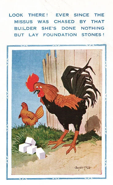 Comic postcard, hen and suspicious cockerel
