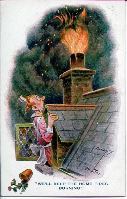 Framed Print : Comic postcard, Keep the home fires burning - woman shocked to see fire coming out of the chimney Date: 1914-1918 Framed Print : Comic postcard, Keep the home fires burning - woman shocked to see fire coming out of the chimney Date: 1914-1918