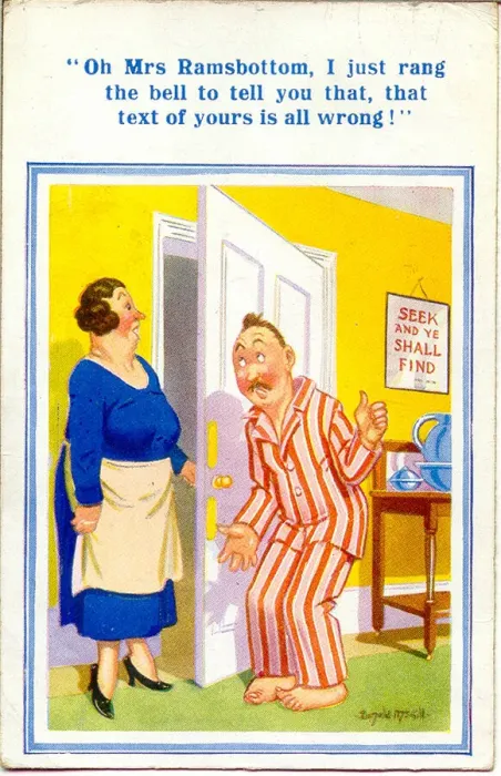 Framed Print : Comic postcard, Hotel guest and landlady - Seek and ye shall find Date: 20th century Framed Print : Comic postcard, Hotel guest and landlady - Seek and ye shall find Date: 20th century