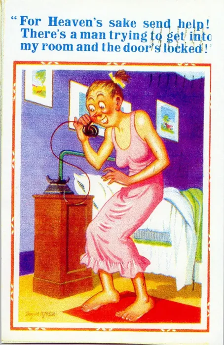 Framed Print : Comic postcard, Hotel guest on the phone Framed Print : Comic postcard, Hotel guest on the phone