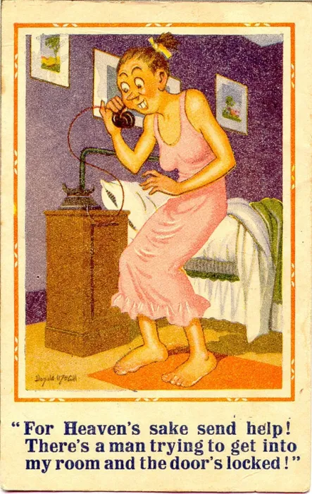 Framed Print : Comic postcard, Hotel guest on the phone Date: 20th century Framed Print : Comic postcard, Hotel guest on the phone Date: 20th century