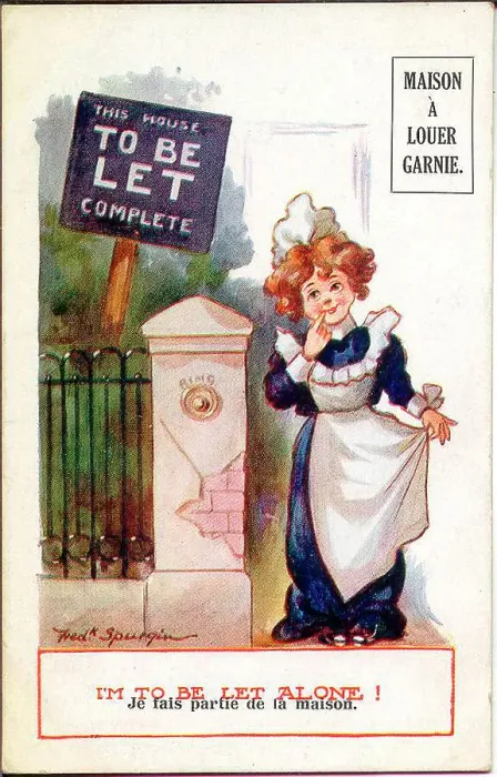 Framed Print : Comic postcard, House to Let, with maid - I'm to be let alone! Date: early 20th century Framed Print : Comic postcard, House to Let, with maid - I'm to be let alone! Date: early 20th century