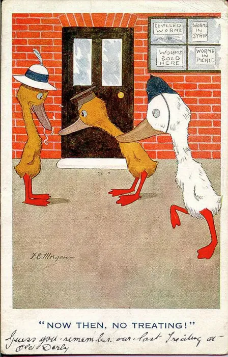 Framed Print : Comic postcard, three humanised ducks - Now then, no treating! Date: early 20th century Framed Print : Comic postcard, three humanised ducks - Now then, no treating! Date: early 20th century