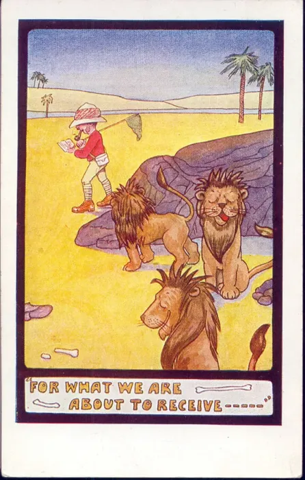 Framed Print : Comic postcard, Hungry lions - For what we are about to receive Framed Print : Comic postcard, Hungry lions - For what we are about to receive