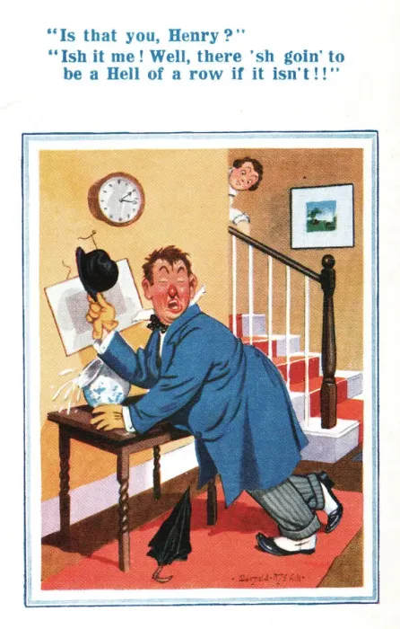 Framed Print : Comic postcard, Husband home drunk Date: 20th century Framed Print : Comic postcard, Husband home drunk Date: 20th century