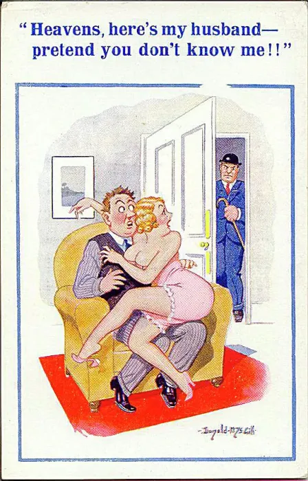: Comic postcard, Husband returns home unexpectedly Date: 20th century : Comic postcard, Husband returns home unexpectedly Date: 20th century
