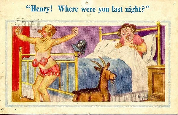Comic postcard, Husband after riotous night out Date: 20th century