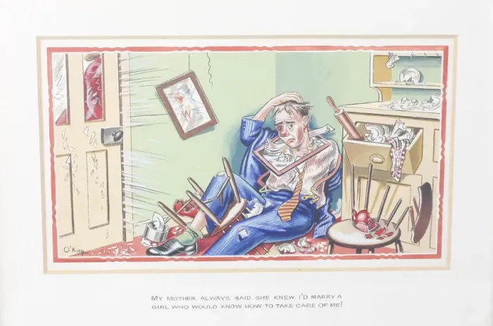 Framed Print : Comic postcard, Husband sitting on the floor, surrounded by debris Framed Print : Comic postcard, Husband sitting on the floor, surrounded by debris