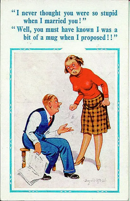 : Comic postcard, Husband and wife have an argument Date: 20th century : Comic postcard, Husband and wife have an argument Date: 20th century