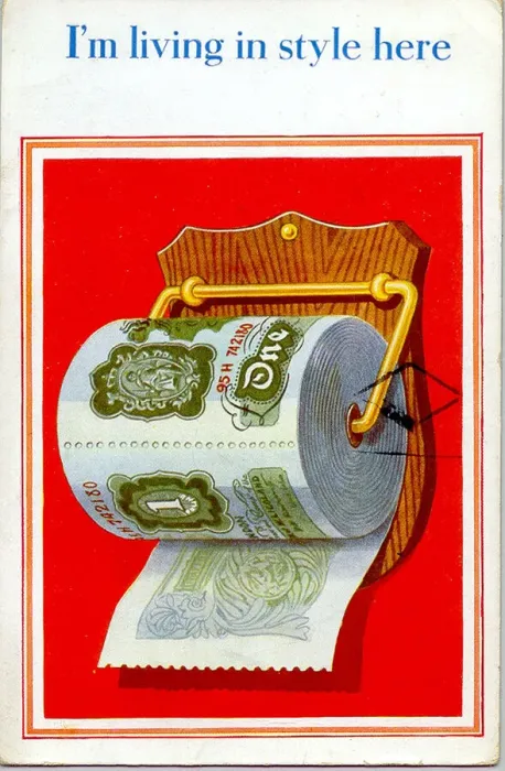 Framed Print : Comic postcard, I m living in style here - a toilet roll made of one pound notes Date Framed Print : Comic postcard, I m living in style here - a toilet roll made of one pound notes Date