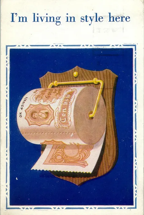 Framed Print : Comic postcard, I m living in style here - a toilet roll made of ten shilling notes Framed Print : Comic postcard, I m living in style here - a toilet roll made of ten shilling notes