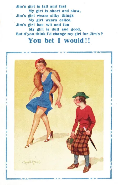 Framed Print : Comic postcard, Jims girl and my girl compared Date: 20th century Framed Print : Comic postcard, Jims girl and my girl compared Date: 20th century