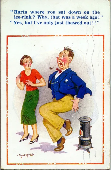 Framed Print : Comic postcard, Just thawed out Date: 20th century Framed Print : Comic postcard, Just thawed out Date: 20th century