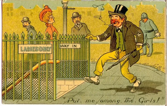 Framed Print : Comic postcard, Ladies Only toilet - Put me among the girls! Date: early 20th century Framed Print : Comic postcard, Ladies Only toilet - Put me among the girls! Date: early 20th century