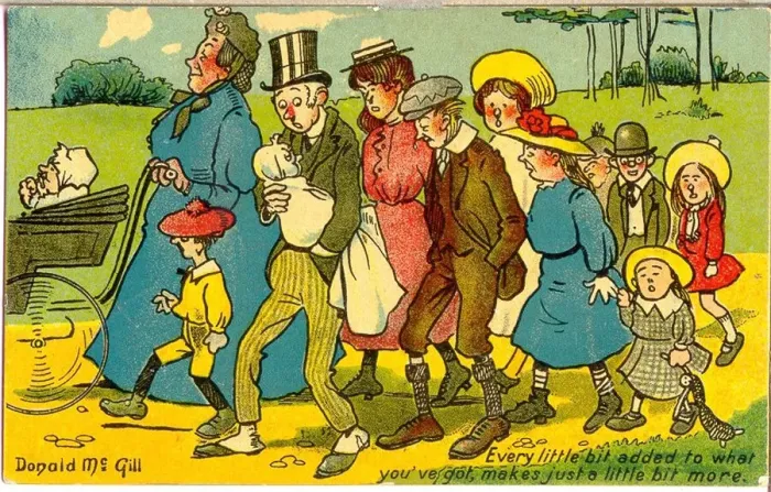 Framed Print : Comic postcard, Large family out for a walk Date: 20th century Framed Print : Comic postcard, Large family out for a walk Date: 20th century