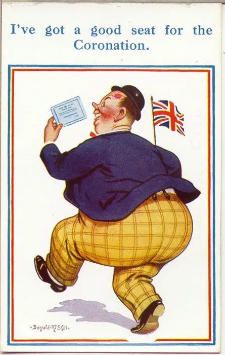 Framed Print : Comic postcard, Large man with Coronation ticket Date: 20th century Framed Print : Comic postcard, Large man with Coronation ticket Date: 20th century