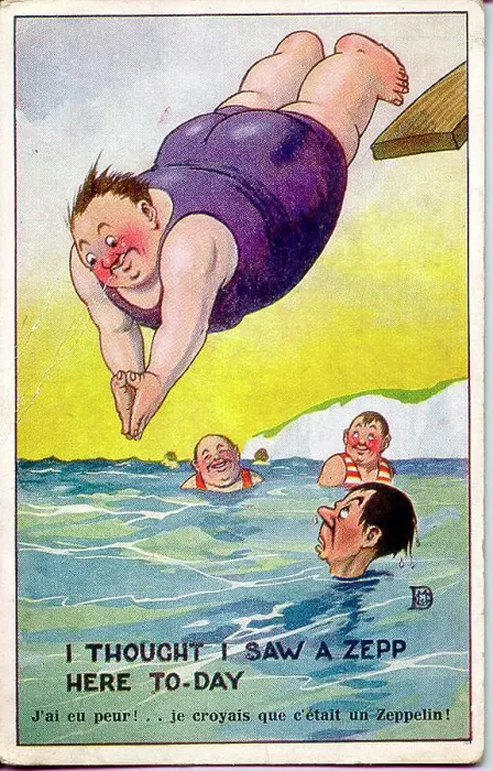 Framed Print : Comic postcard, Large man diving into the sea - I thought I saw a Zepp here today. Date: 1914-1918 Framed Print : Comic postcard, Large man diving into the sea - I thought I saw a Zepp here today. Date: 1914-1918