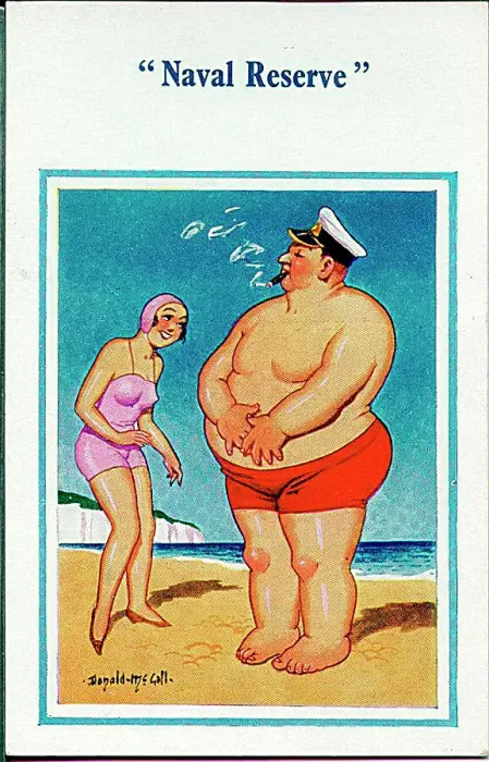 : Comic postcard, Large man at the seaside - Naval Reserve Date: 20th century : Comic postcard, Large man at the seaside - Naval Reserve Date: 20th century