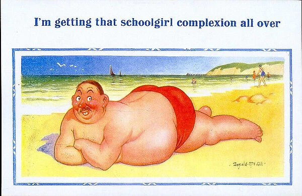 Comic postcard, Large man sunbathing at the seaside Date: 20th century