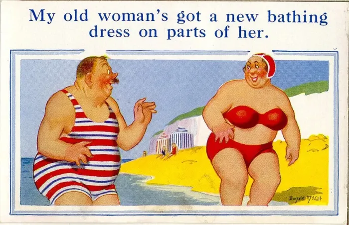 Framed Print : Comic postcard, Large man and woman in the sea Framed Print : Comic postcard, Large man and woman in the sea