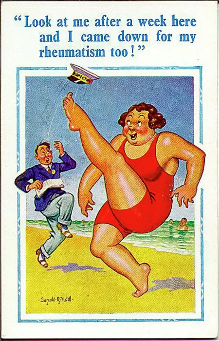 : Comic postcard, Large woman on the beach, feeling healthy Date: 20th century : Comic postcard, Large woman on the beach, feeling healthy Date: 20th century