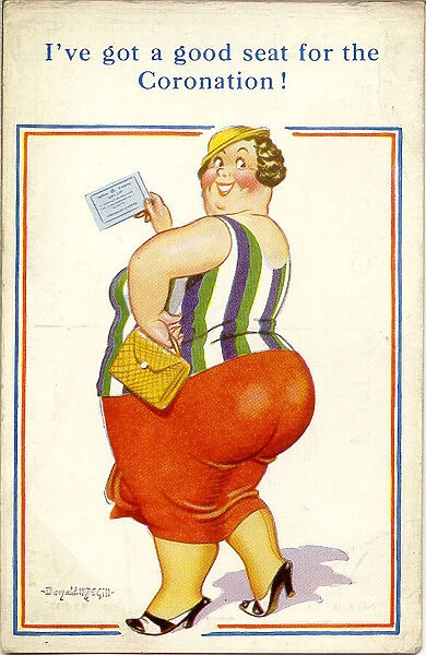 Comic postcard, Large woman with Coronation ticket Date: 20th century