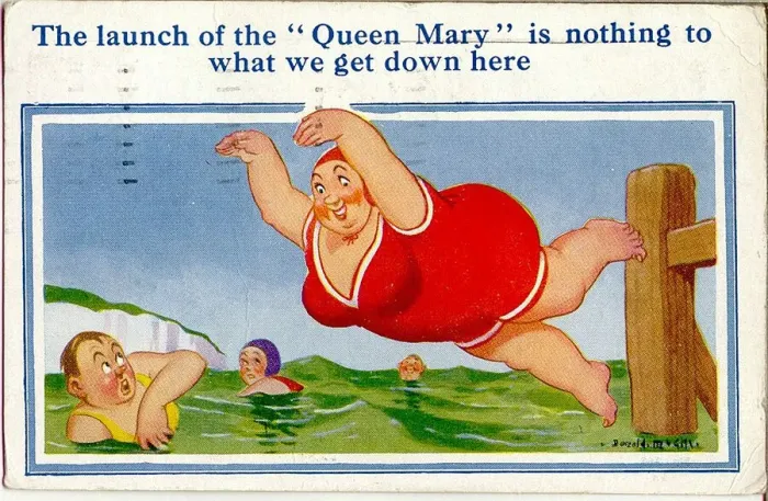 Framed Print : Comic postcard, Large woman diving into the sea Date: 20th century Framed Print : Comic postcard, Large woman diving into the sea Date: 20th century