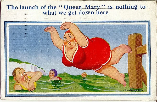 Comic postcard, Large woman diving into the sea Date: 20th century
