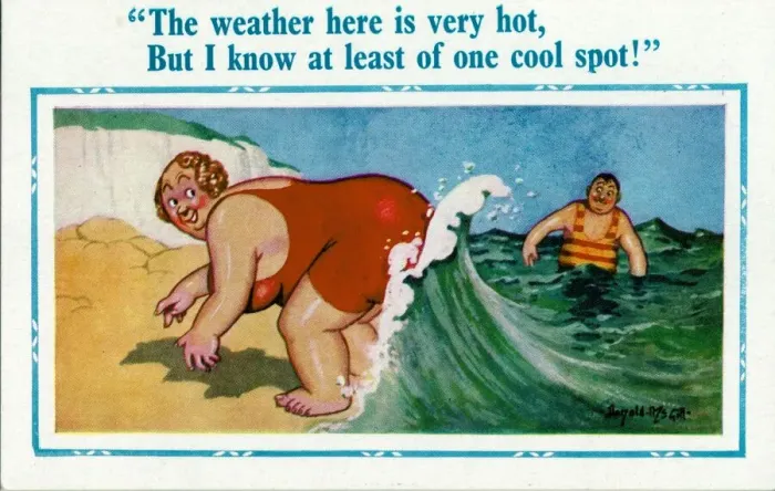Framed Print : Comic postcard, Large woman keeping cool at the seaside Date: 20th century
