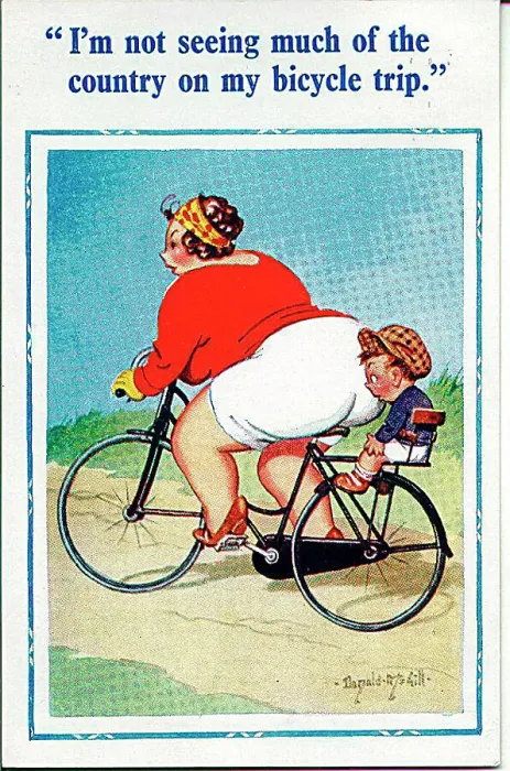 : Comic postcard, Large woman and little boy on bicycle trip Date: 20th century : Comic postcard, Large woman and little boy on bicycle trip Date: 20th century
