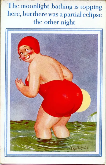 Framed Print : Comic postcard, Large woman paddling in the moonlight Date: 20th century Framed Print : Comic postcard, Large woman paddling in the moonlight Date: 20th century