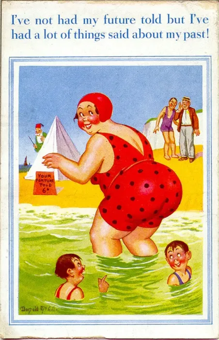 Framed Print : Comic postcard, Large woman paddling in the sea Date: 20th century Framed Print : Comic postcard, Large woman paddling in the sea Date: 20th century