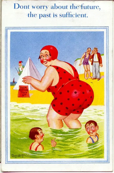Framed Print : Comic postcard, Large woman paddling in the sea Date: 20th century Framed Print : Comic postcard, Large woman paddling in the sea Date: 20th century