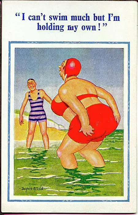  : Comic postcard, Large woman paddling in the sea Date: 20th century