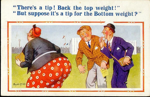 Comic postcard, Large woman at the races