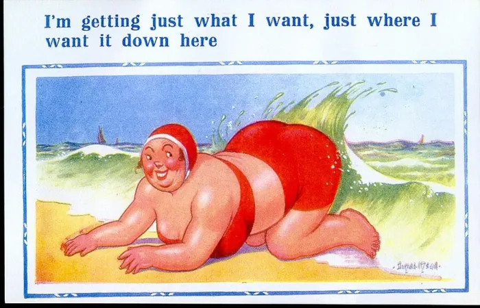 Framed Print : Comic postcard, Large woman in red bikini at the seaside Framed Print : Comic postcard, Large woman in red bikini at the seaside