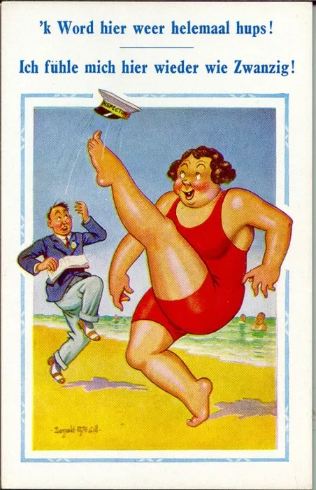 Framed Print : Comic postcard, Large woman in red swimsuit on the beach Framed Print : Comic postcard, Large woman in red swimsuit on the beach