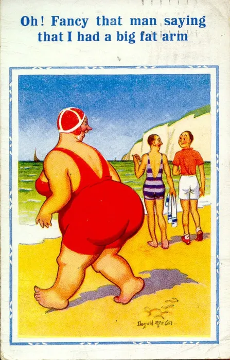 Framed Print : Comic postcard, Large woman in red swimsuit on the beach Date: 20th century Framed Print : Comic postcard, Large woman in red swimsuit on the beach Date: 20th century