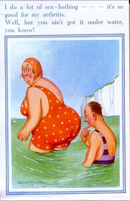 Framed Print : Comic postcard, Large woman in red swimsuit in the sea Framed Print : Comic postcard, Large woman in red swimsuit in the sea