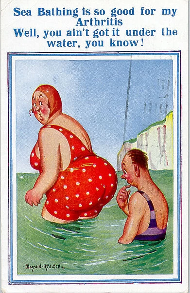 Comic postcard, Large woman in red swimsuit in the sea - arthritis Date: 20th century