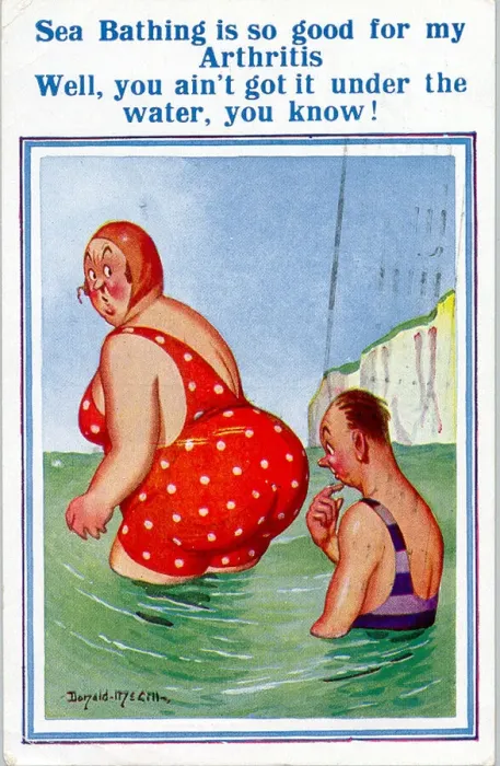 Framed Print : Comic postcard, Large woman in red swimsuit in the sea - arthritis Date: 20th century Framed Print : Comic postcard, Large woman in red swimsuit in the sea - arthritis Date: 20th century