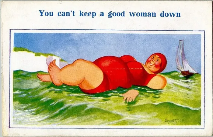 Framed Print : Comic postcard, Large woman in red swimsuit at the seaside Date: 20th century Framed Print : Comic postcard, Large woman in red swimsuit at the seaside Date: 20th century